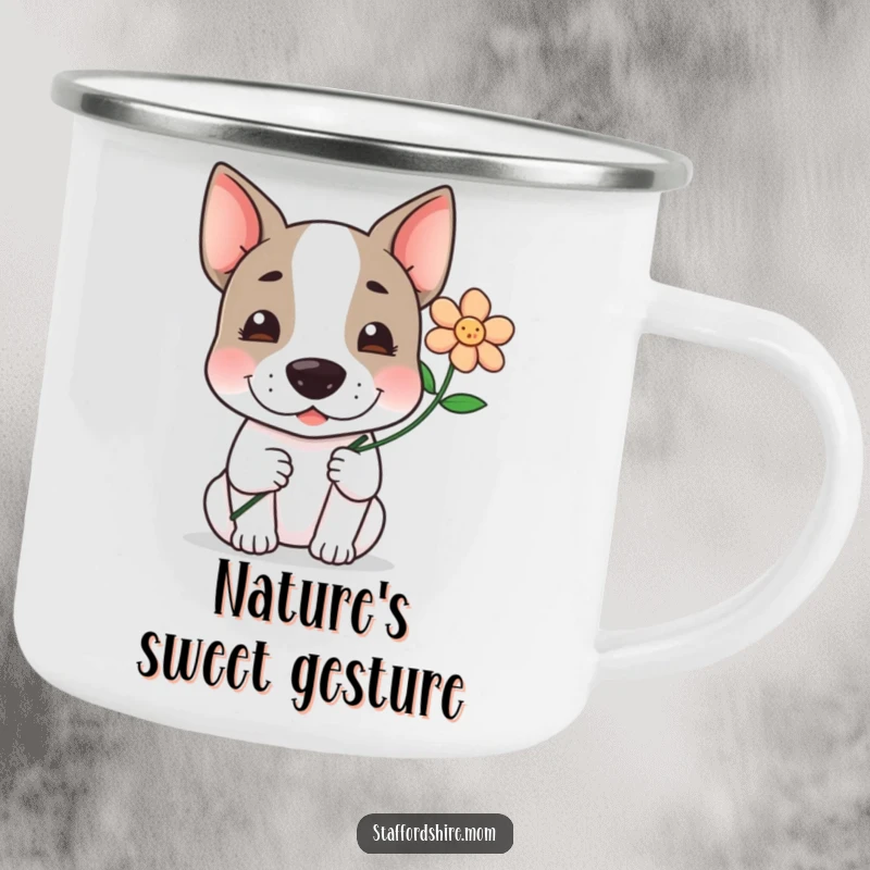 Funny, kawaii Staffordshire terrier offering a flower with a gentle smile, a sweet and humorous design for this camping mug.