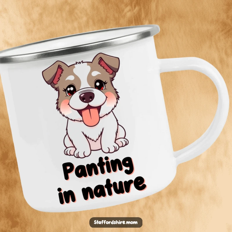 Funny Kawaii Staffordshire Dog Camping Mug showing a cute dog with a silly, happy expression and panting tongue out, rugged and amusing.