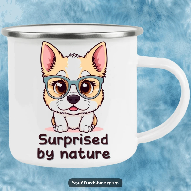 Funny Kawaii Staffordshire dog camping mug featuring a surprised pup in oversized glasses. Durable and cute for outdoor fun, a perfect funny gift.