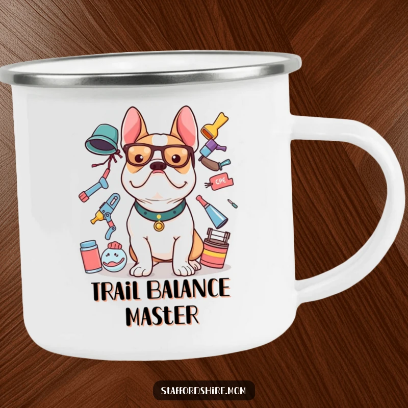 Funny Staffy camping mug depicting a Staffordshire Bull Terrier balancing items, great for outdoor enthusiasts.