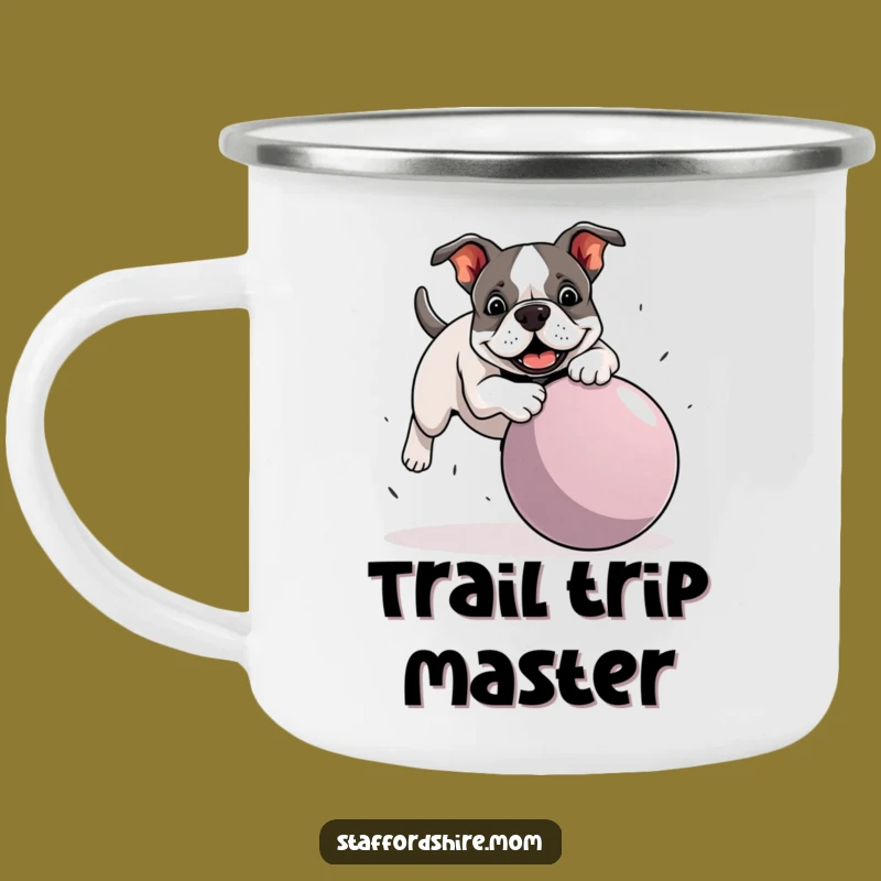 Funny Staffy Ball Trip Camping Mug - Bull Terrier Playful Mishap Outdoor Gift