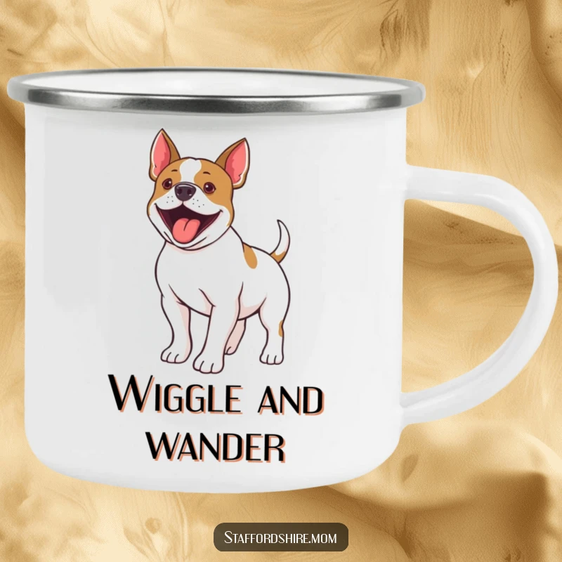Funny Staffordshire Bull Terrier camping mug showing a dog's happy tail wiggle, built for outdoor adventures and smiles.