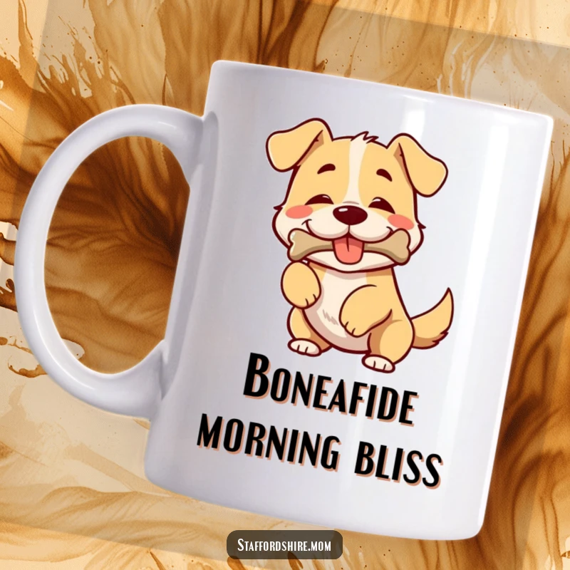 Funny mug featuring a broad-chested dog wiggling its whole body with happiness, a bone in its mouth.