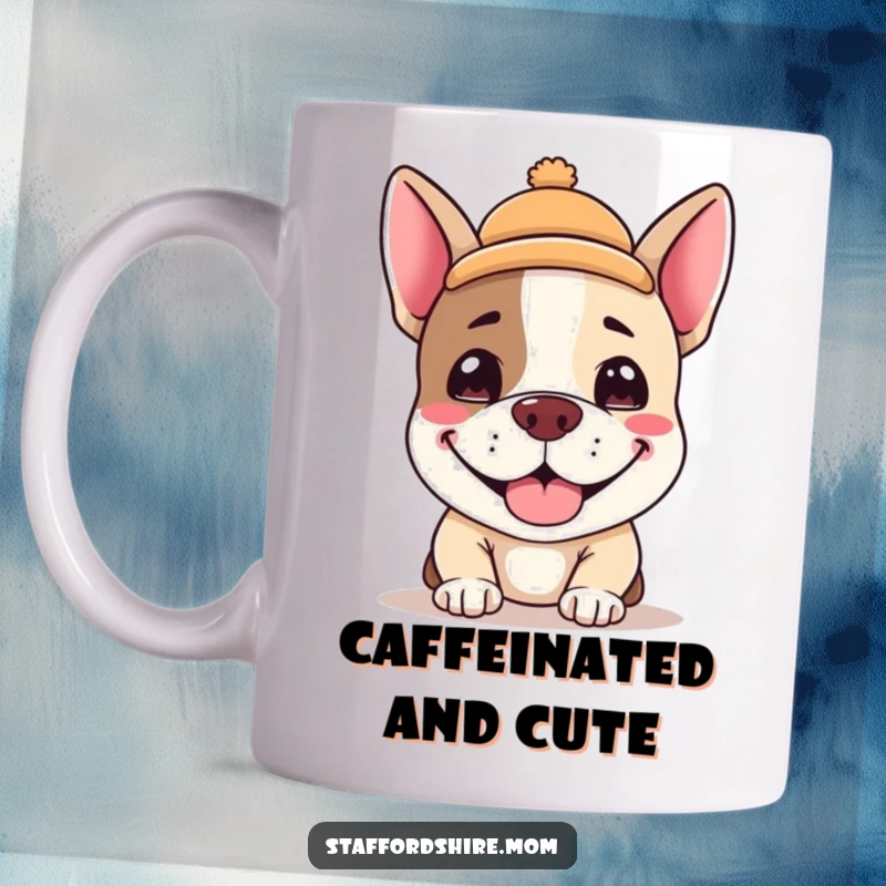 Funny Kawaii Staffordshire terrier mug, an adorable dog with a silly grin wearing a tiny hat, perfect funny gift.