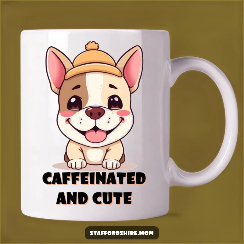 Funny Kawaii Staffy Mug: Adorable Grinning Dog with Hat, Perfect Humorous Gift