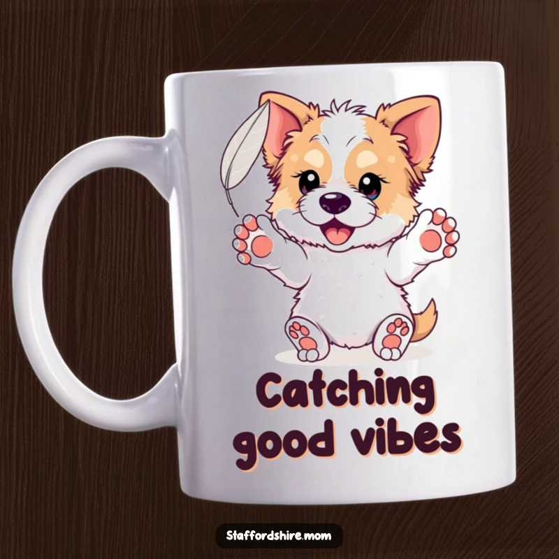 Funny Staffordshire Feather Mug: A dog with paws outstretched gently catching a floating feather, embodying grace and peace.