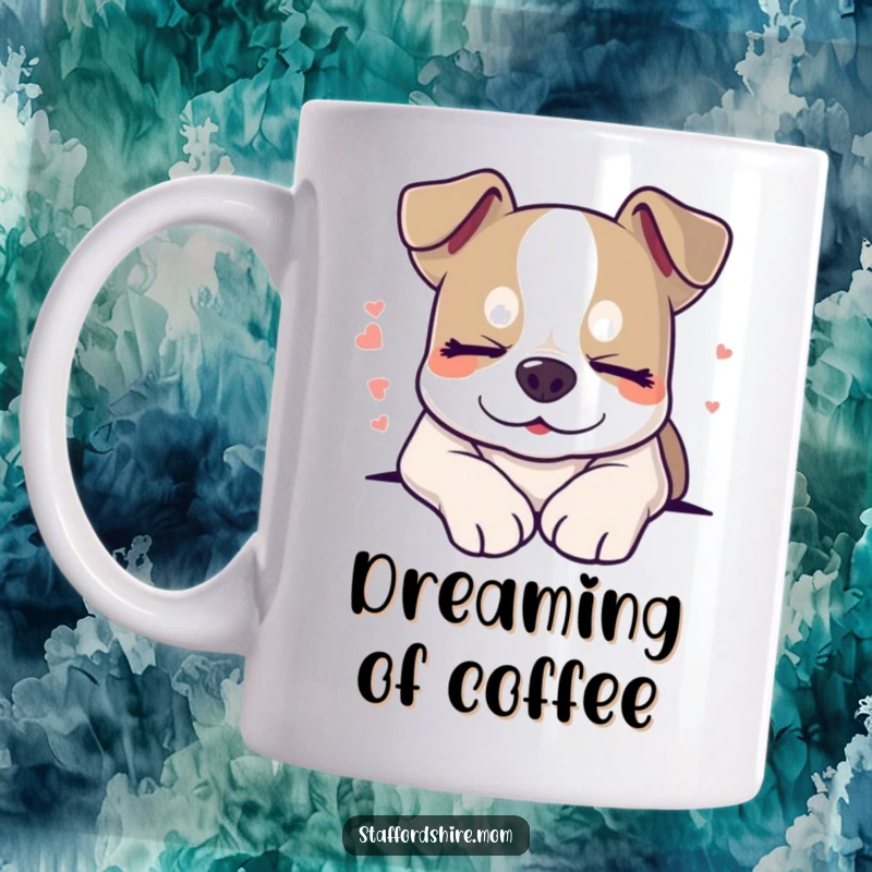 Funny sleepy Staffordshire dog mug, smiling with closed eyes, representing sweet dreams and peace.