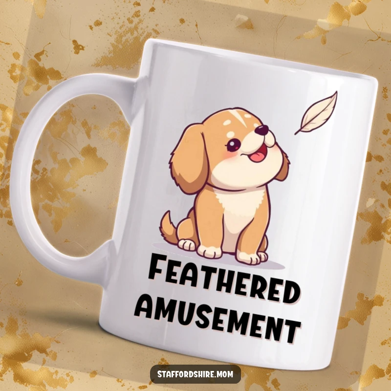 Funny mug featuring a solidly built dog looking upwards with playful amusement at a tiny floating feather.