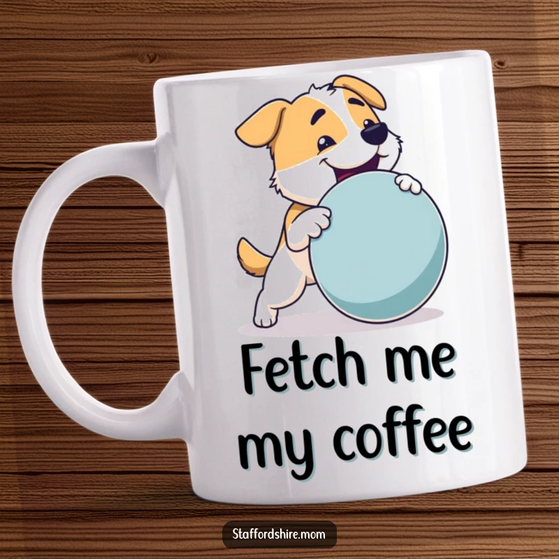 Funny Dog Mug: A sturdy dog with a strong build joyfully fetching a large, round toy, radiating happiness.