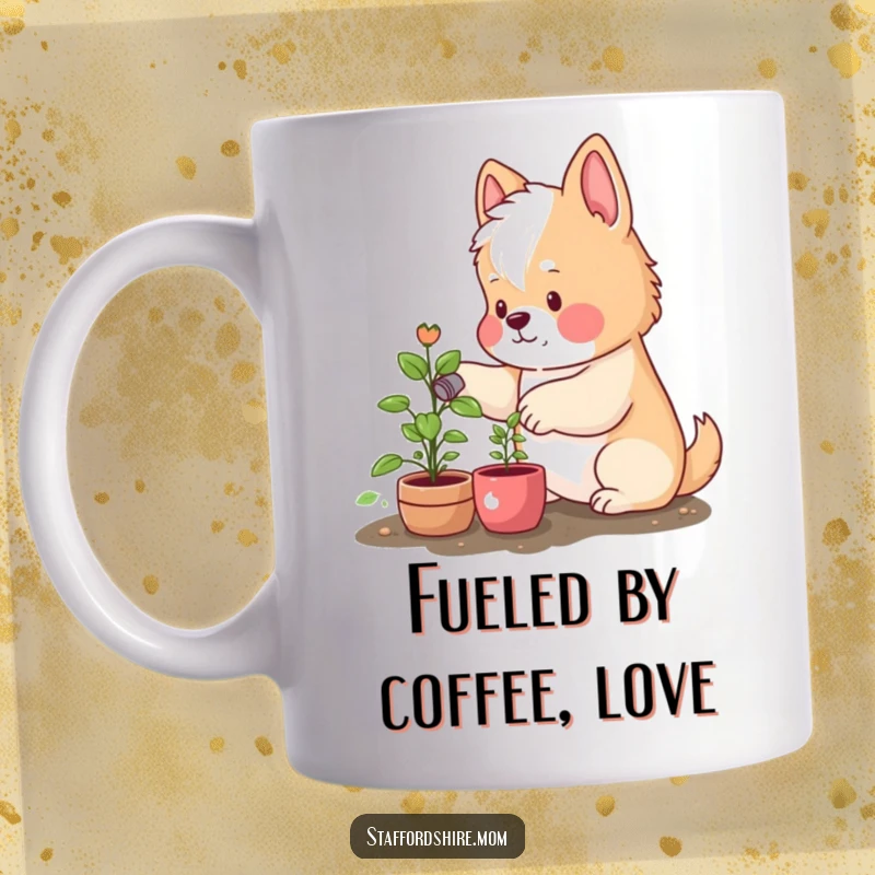 Funny mug showing a Staffordshire with rosy cheeks happily watering a small green plant, celebrating gardening and cute dogs with a cheerful design.