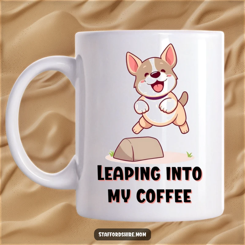 Funny Kawaii Staffordshire Dog Mug showing a cute, energetic dog leaping playfully over a small obstacle, full of motion.
