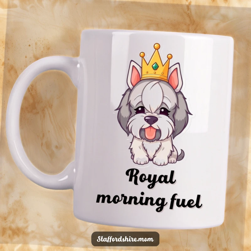 Funny Royal Staffordshire Mug: A dog wearing a tiny crown playfully bowing its head, embodying charming, humorous nobility.