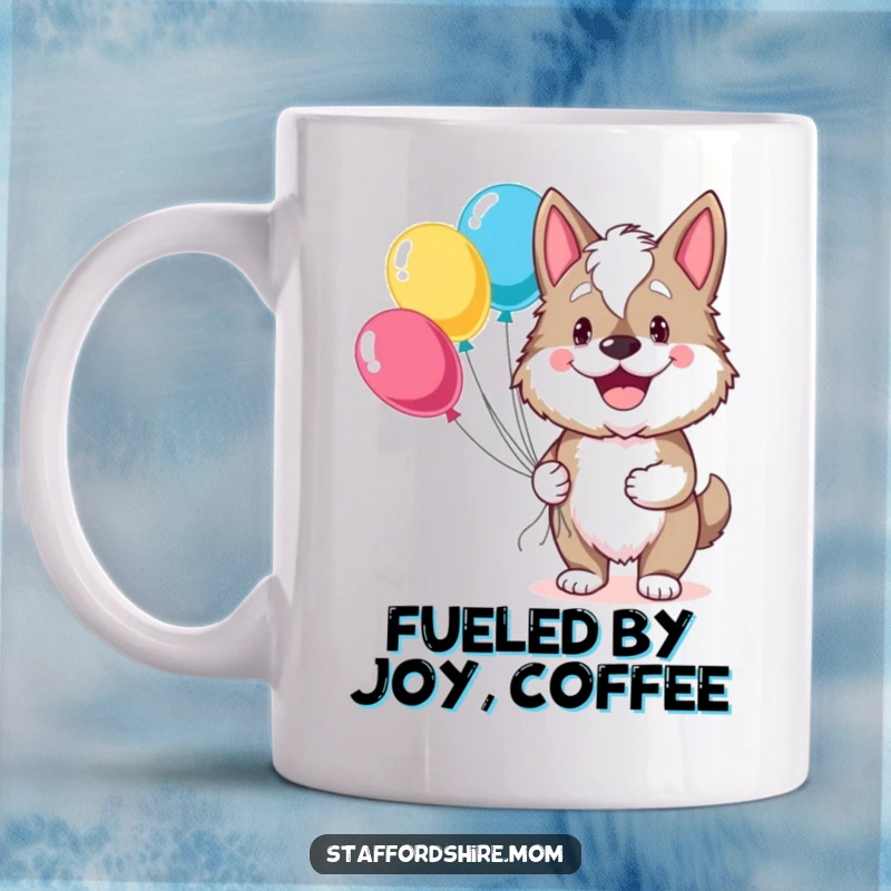 Funny Staffordshire mug with a wide grin holding a vibrant bouquet of balloons, symbolizing pure happiness and celebration.