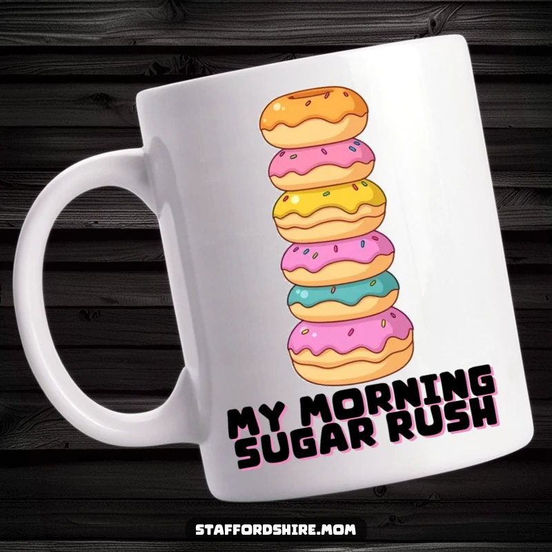 Funny Staffordshire mug, a dog balances a tall tower of colorful donuts, showcasing sweet indulgence and playful skill.