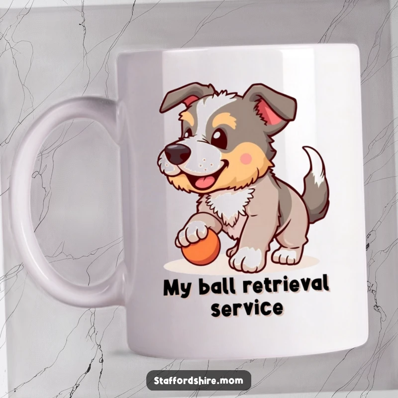 Funny Staffordshire mug, wagging tail, enthusiastically playing fetch, happy dog, outdoor fun, perfect gift for dog lovers.