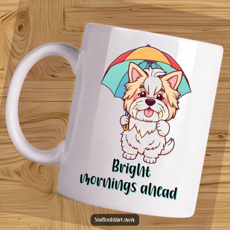 Funny mug showing a cheerful Staffordshire dog waving hello, holding a colorful rainbow umbrella, ready to bring sunshine and smiles.