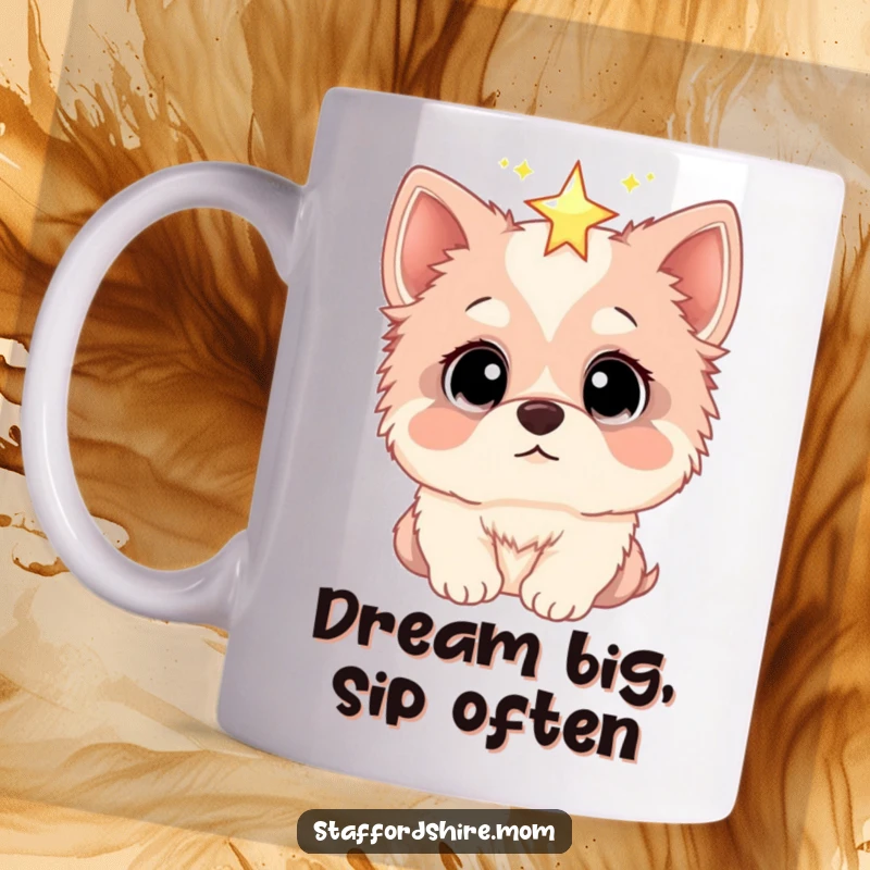 Funny mug showing a Staffordshire dog with large, wondering eyes looking up at a bright, sparkling star, capturing a sense of awe.