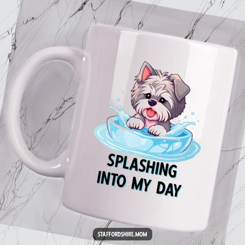 Funny Staffordshire mug, a dog playfully splashes in a sparkly pool, representing effervescent joy and carefree fun.