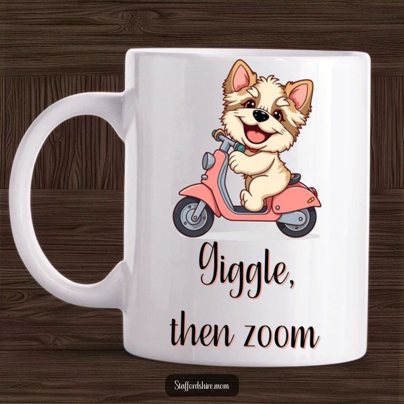 Funny Staffordshire mug, giggling dog, large paws, riding a scooter, happy pet, humorous dog gift.