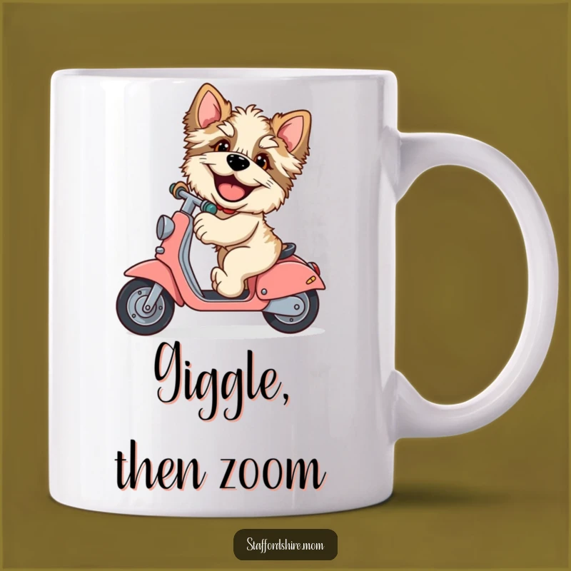 Funny Staffordshire Scooter Mug: Giggling Paws, Hilarious Dog Lover Gift