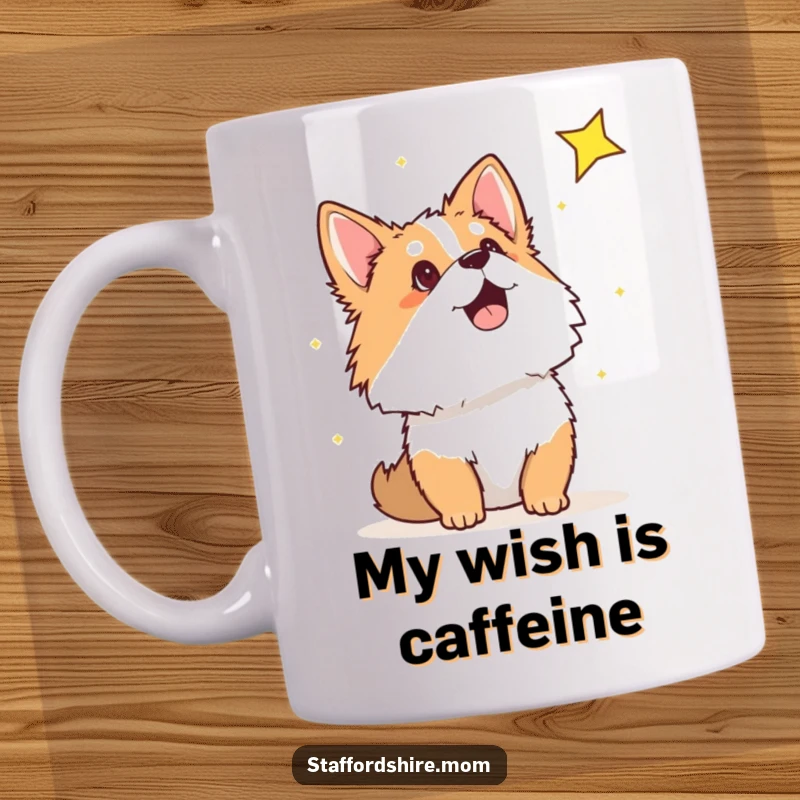 Funny Staffordshire mug depicting a dog gazing with wide-eyed excitement at a shooting star, embodying hopeful wonder and joy.