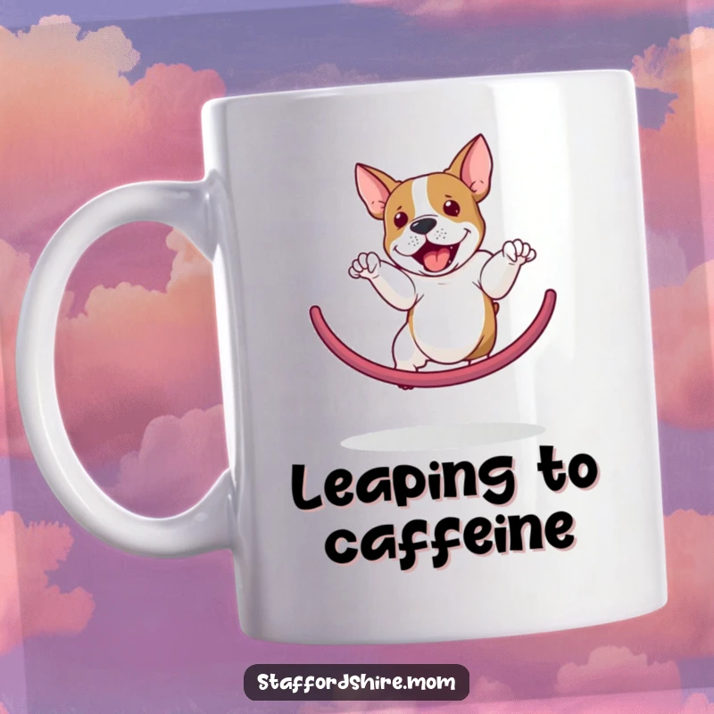 Funny Staffordshire Bull Terrier mug showcasing an athletic dog leaping through a hoop with impressive speed and a happy expression.