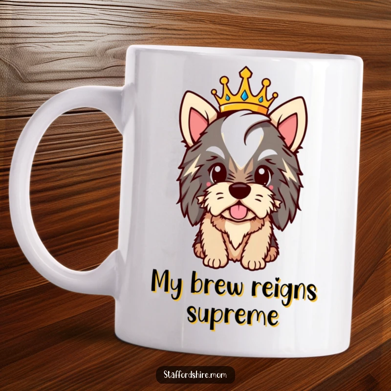 Funny Staffordshire mug with a dog wearing a tiny crown, beaming with pride and looking regal.