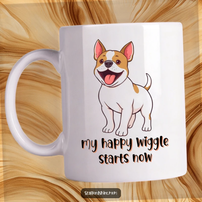 Funny Staffordshire Bull Terrier mug showing a happy dog wiggling its tail with pure excitement and joy.
