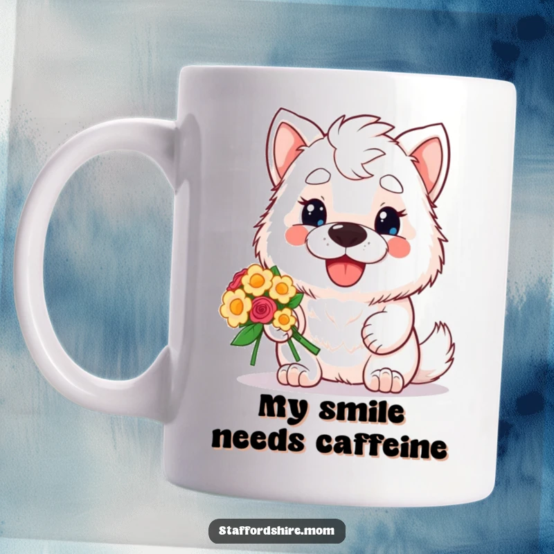 Funny mug featuring a kawaii Staffordshire dog with rosy cheeks, a cheerful grin, and a bouquet of colorful flowers, offering a heartfelt present.
