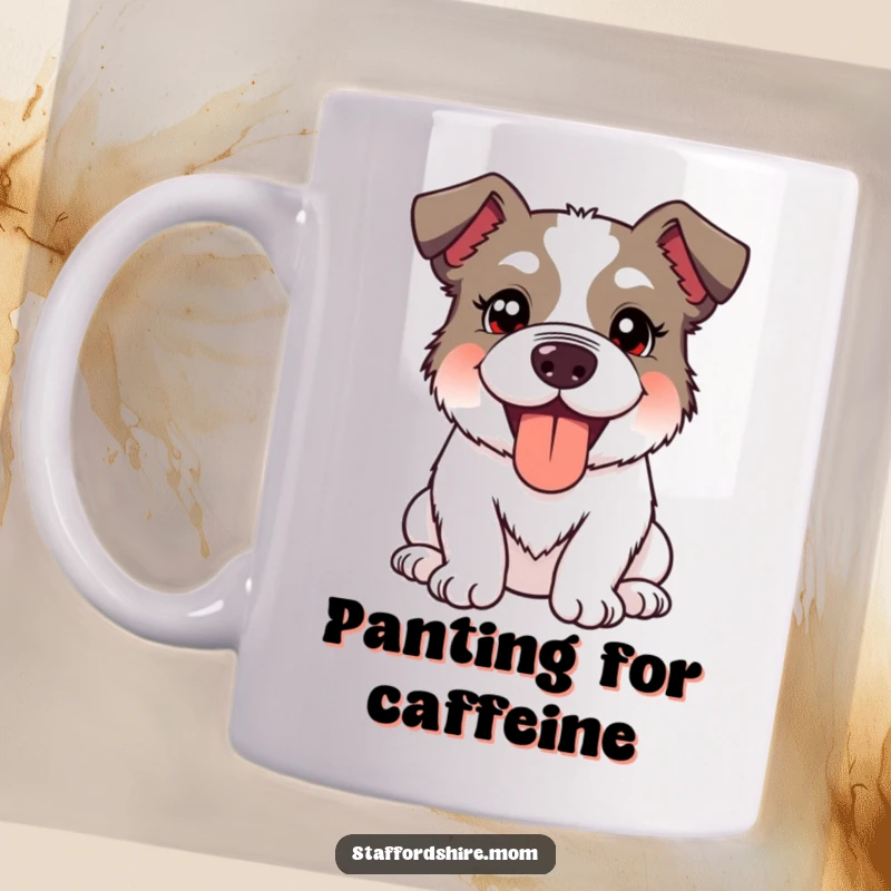 Funny Kawaii Staffordshire Dog Mug featuring a cute dog with a silly, happy expression and panting tongue out, full of glee.