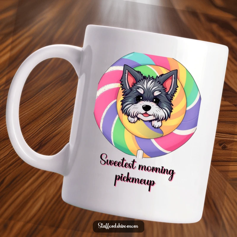 Funny Staffordshire Lollipop Mug: A character peeking from behind a giant, vibrant lollipop, inviting playful curiosity.