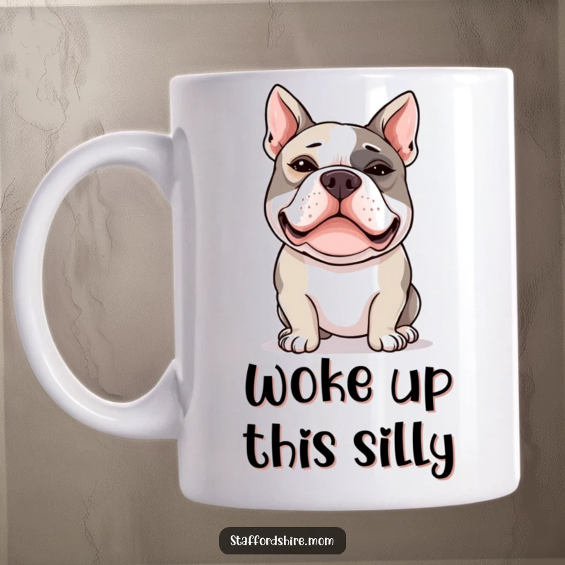 Funny Staffordshire Bull Terrier mug featuring a dog with dramatically crossed eyes and a silly expression.
