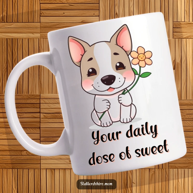 Funny, kawaii Staffordshire terrier gently offering a flower with a sweet, loving smile on its face on this mug.