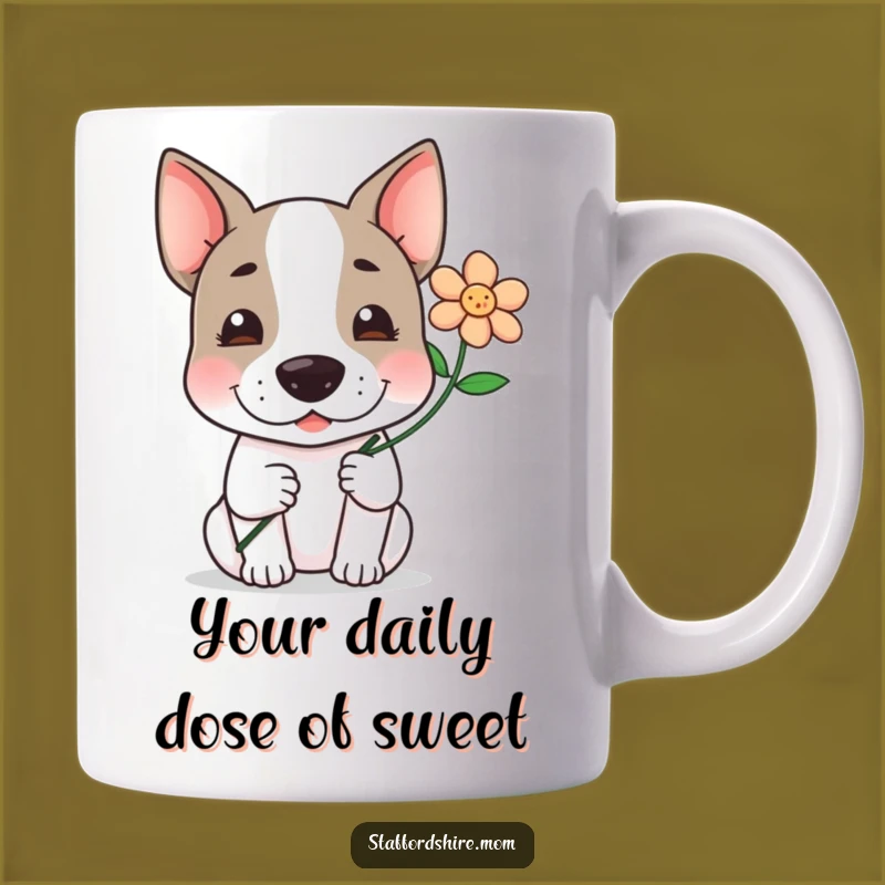 Funny Kawaii Staffy Mug: Sweet Flower Offering Terrier, Perfect Gentle Gift