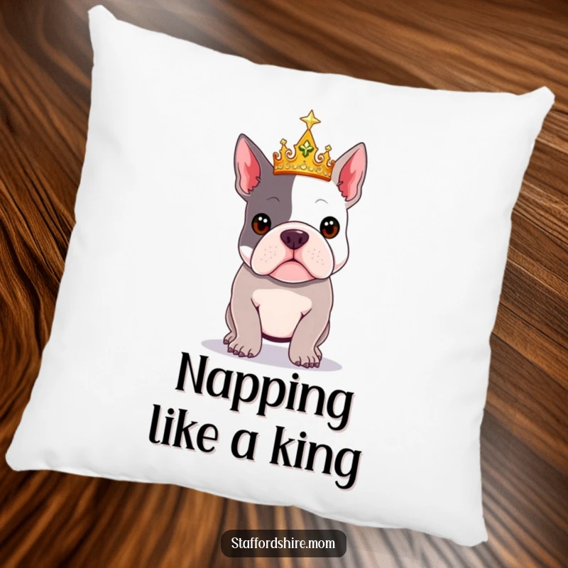 Funny Royal Staffy pillow with a Staffordshire Bull Terrier wearing a sparkly crown in a regal pose.