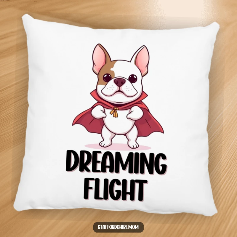Funny Staffordshire Bull Terrier pillow showing a dog in a cape, comically pretending to fly, offering comfort and a heroic touch.