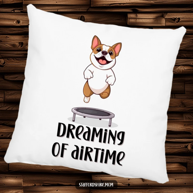 Funny Staffy pillow showcasing a happy Staffordshire Bull Terrier energetically bouncing on a trampoline.