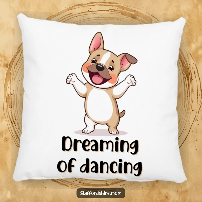 Funny Staffordshire terrier pillow, a dog happily dancing with paws lifted, perfect for comfort and as a funny gift.