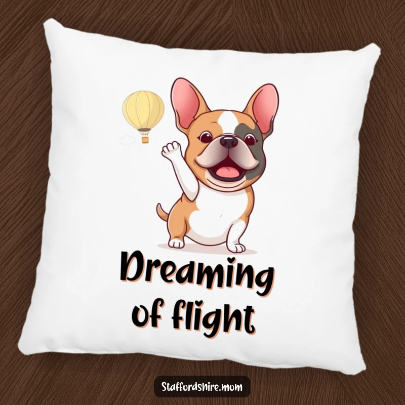 Funny Staffordshire bull terrier pillow featuring an excited dog enthusiastically waving at a hot air balloon in the sky.