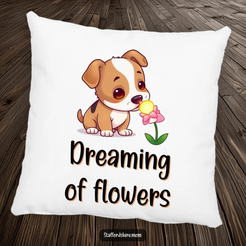 Funny curious Staffordshire dog pillow, sniffing a glowing flower, soft and whimsical pet cushion.