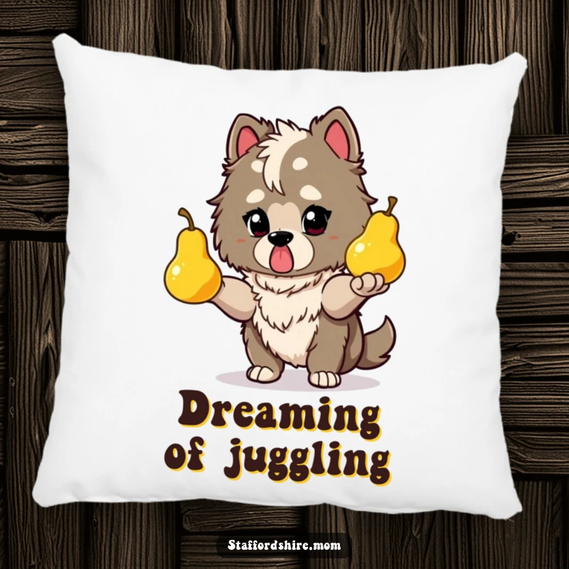 Funny Staffy juggling pillow with a determined dog juggling glowing pears, offering comfort and a message of skill.