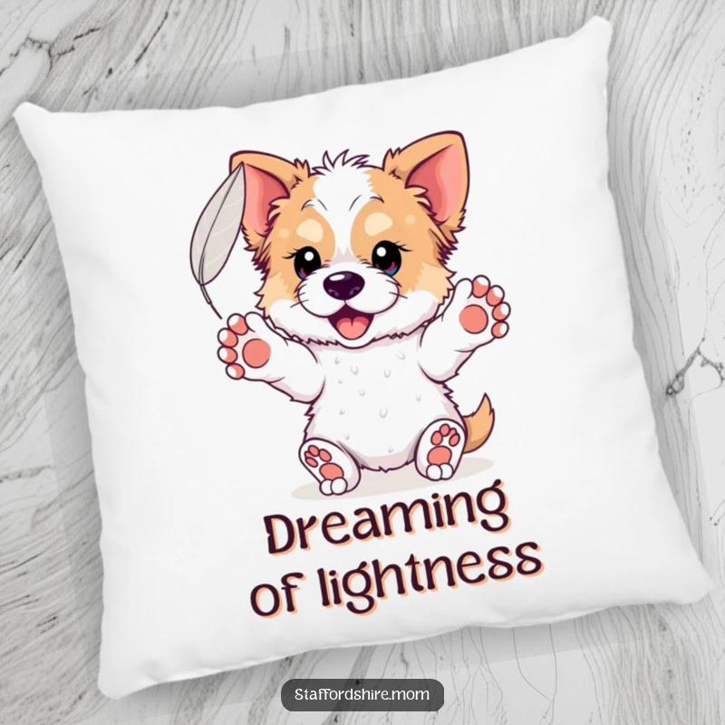 Funny Staffordshire Feather Pillow: A plush cushion featuring a dog with paws outstretched catching a floating feather, perfect for serene comfort.