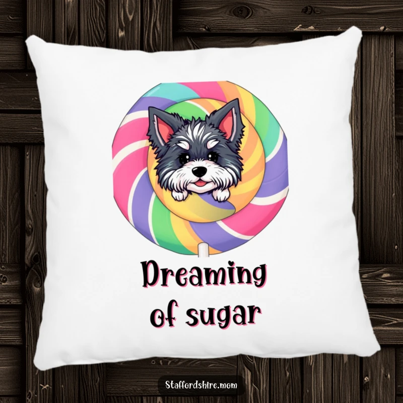 Funny Staffordshire Lollipop Pillow: A plush cushion featuring a character peeking from behind a giant lollipop, perfect for cozying up.