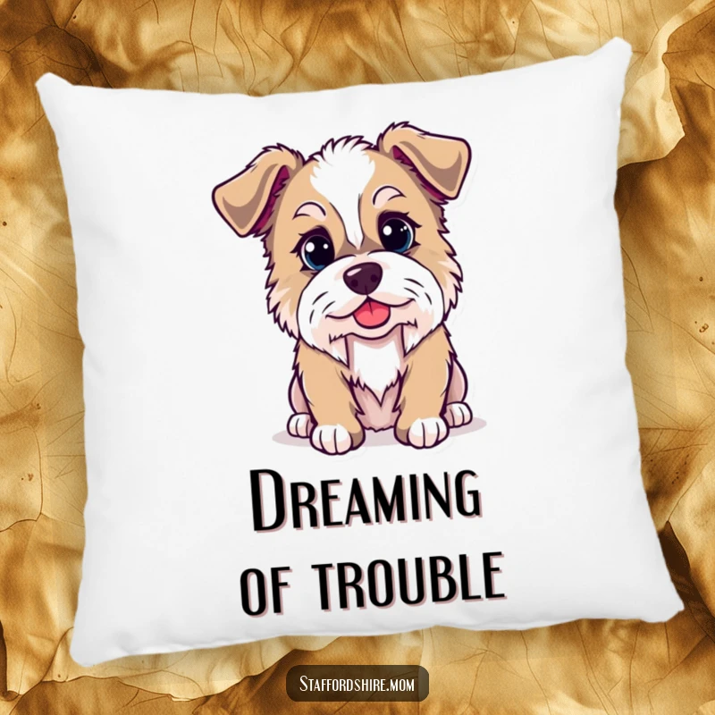 Funny Kawaii Staffordshire dog pillow, soft and decorative, showcasing a dog with a mischievous twinkle, ideal for adding humor to living spaces.