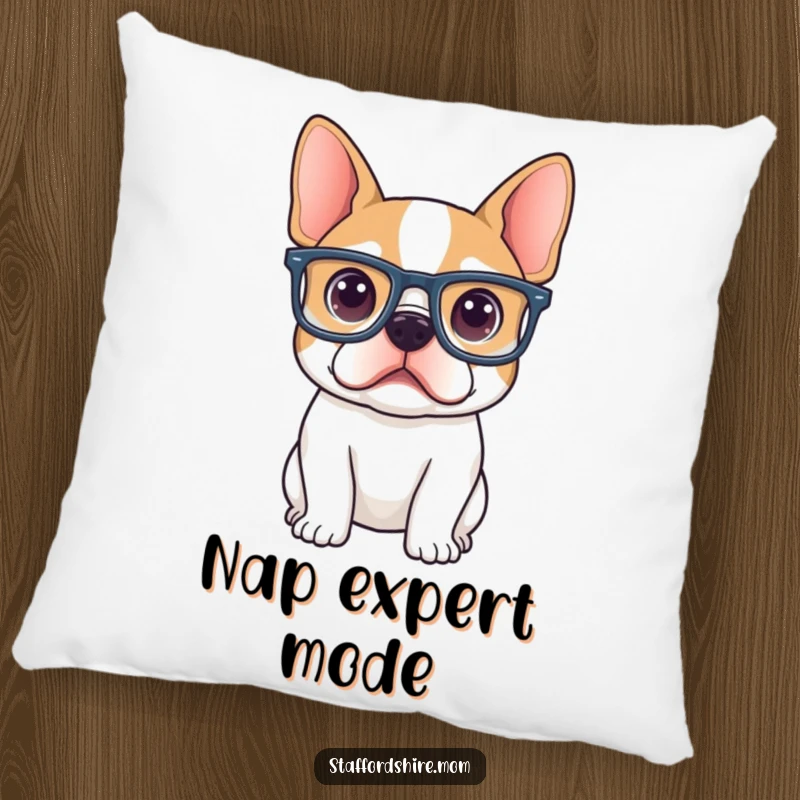 Funny Staffordshire terrier wearing oversized glasses, looking curiously intellectual on this soft and humorous pillow.