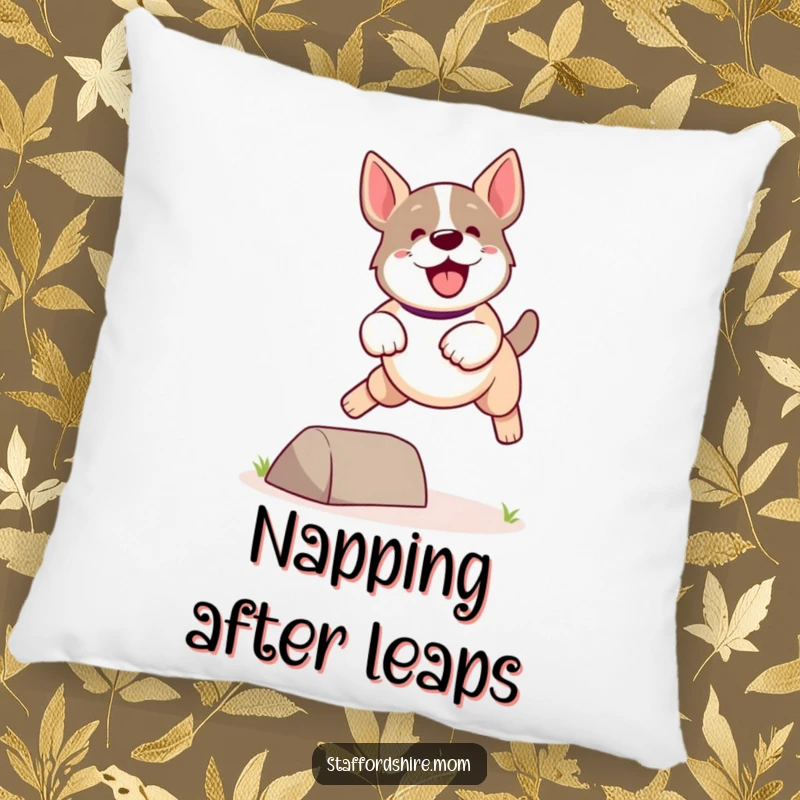 Funny Kawaii Staffordshire Dog Pillow featuring a cute, energetic dog leaping playfully over a small obstacle, soft and dynamic.