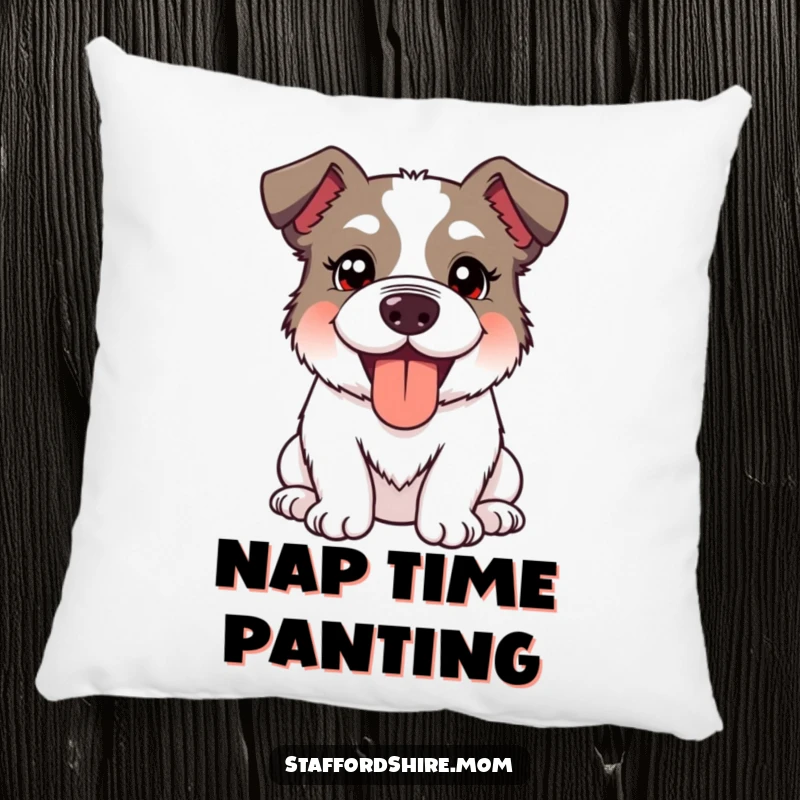 Funny Kawaii Staffordshire Dog Pillow featuring a cute dog with a silly, happy expression and panting tongue out, soft and amusing.