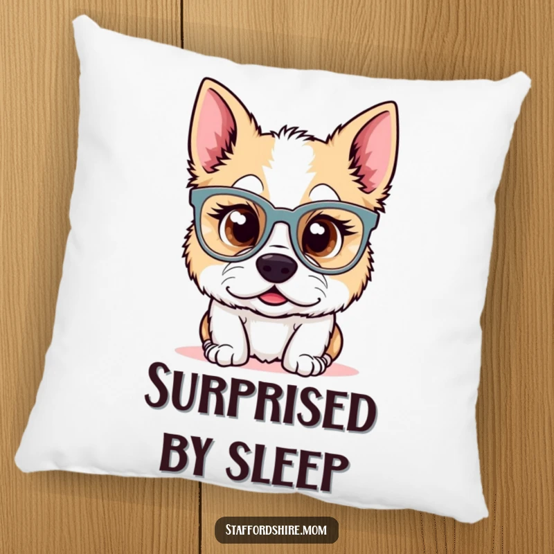 Funny Kawaii Staffordshire dog pillow with a surprised pup in oversized glasses. Soft and cute, ideal for a quirky and funny gift.