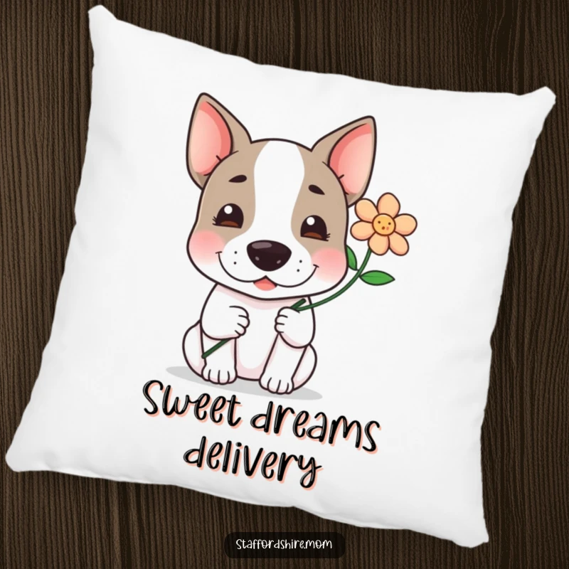 Funny, kawaii Staffordshire terrier offering a flower with a gentle smile, a soft and heartwarming accent for this pillow.