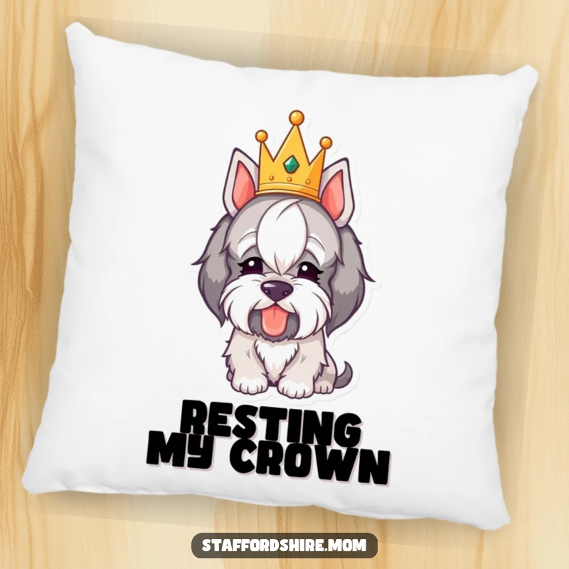 Funny Royal Staffordshire Pillow: A soft cushion featuring a crowned dog humorously bowing its head, offering cozy elegance.